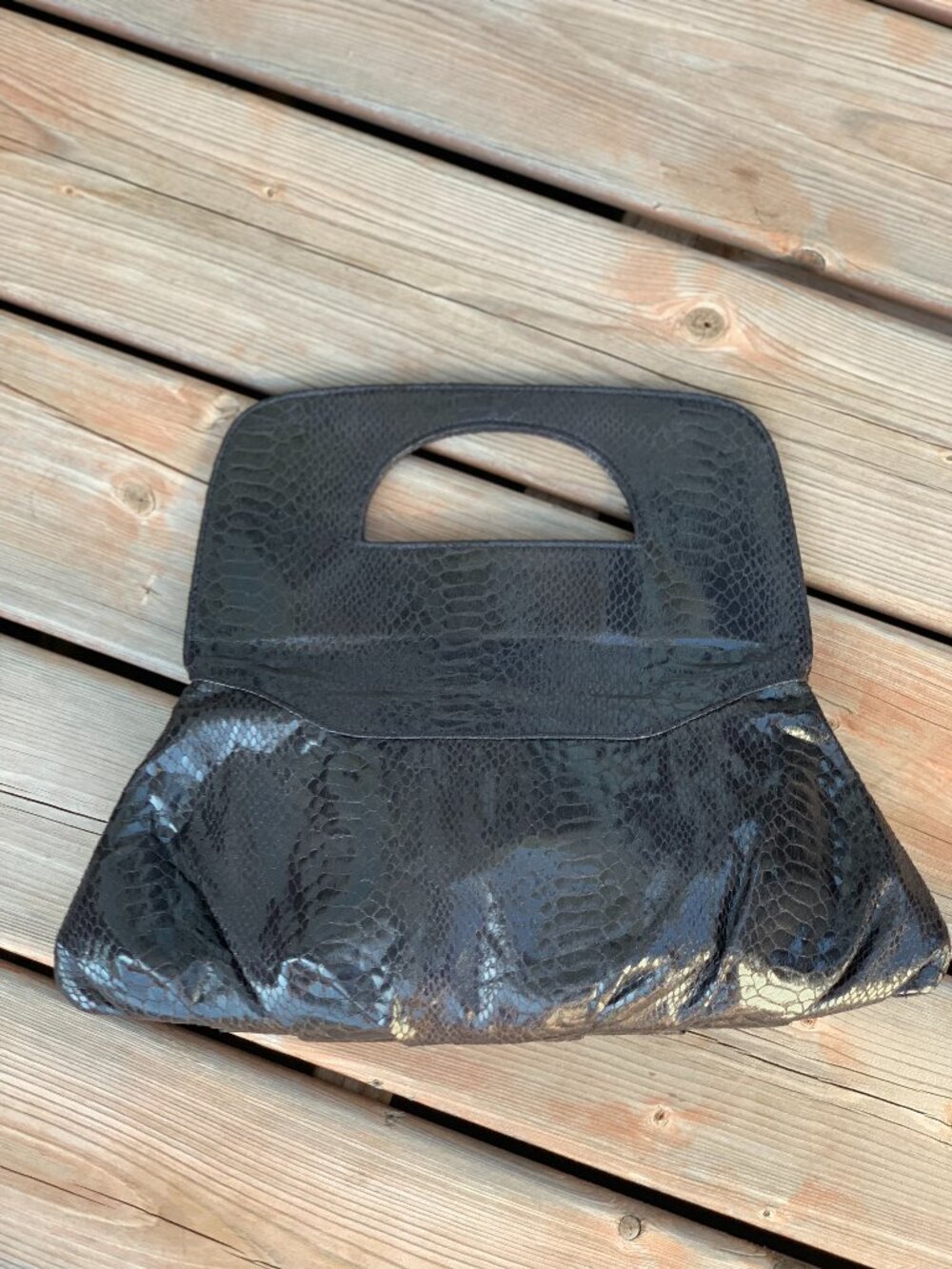 Vintage Clutch Handbag Purse Black Snakeskin Embossed Faux Leather Retro 80s 90s